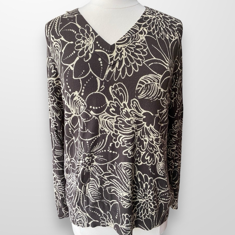 Chico's Womens Size 3‎ Large Sweater Top Shirt Lightweight Brown Floral V-Neck